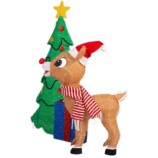 35" Rudolph Scene with Tree & Presents 3D Holiday Lighted Tinsel Sculpture Christmas Décor